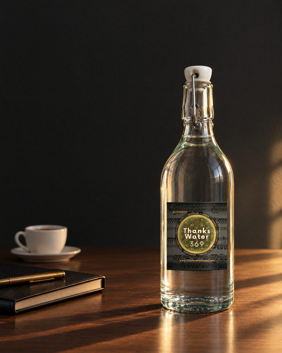 A glass swing-top bottle wearing the black-and-gold ThanksWater369 Business label on a desk in morning light, beside a notebook and an espresso