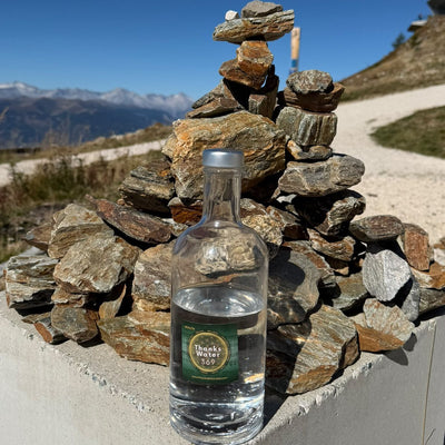 A Health label on a glass water bottle in front of a stone cairn on a mountain trail