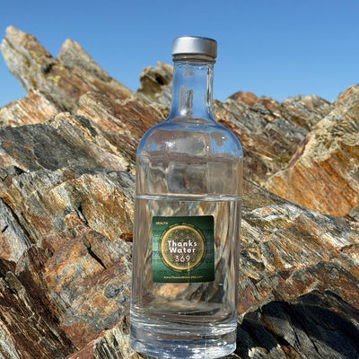 A Health label on a glass water bottle wedged in striped rock on a mountain ridge