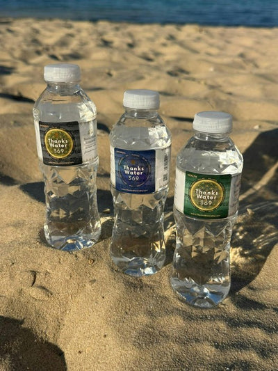 Three labelled bottles standing together in sand